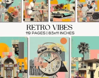 May include: A collection of art prints with a retro theme. The prints feature vintage imagery, including a classic car, a jukebox, and a retro alarm clock. The text "RETRO VIBES" is displayed, along with "119 PAGES | 8.5x11 INCHES". The color palette includes teal, yellow, and pink.