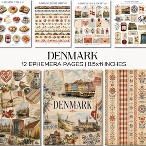 May include: A collection of 12 ephemera pages measuring 8.5x11 inches, featuring Danish-themed illustrations including food, washi strips, tags, pockets, and vintage-style collages of Danish landmarks, architecture, and floral patterns in muted tones.