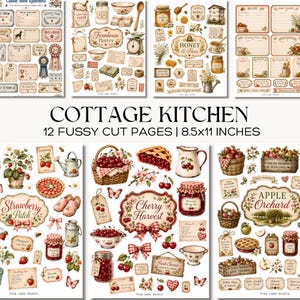 May include: A collection of twelve digital fussy cut pages featuring vintage-style illustrations of farmhouse pantry items, honey, bees, strawberries, cherries, and apples. The pages include labels, recipe cards, and decorative elements in 8.5x11 inches.