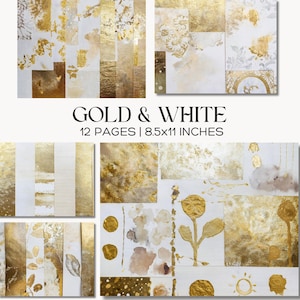 May include: A collection of gold and white patterned papers. The papers feature gold leaf, floral designs, and abstract shapes. The text "GOLD & WHITE" and "12 PAGES | 8.5x11 INCHES" is displayed.