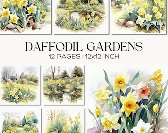 Daffodil Junk Journal Pages, Yellow Floral Garden Printable, Easter, Spring Digital Paper Set