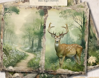 Sage Forest Junk Journal Pages, Woodland Animals, Owl, Bear, Rabbit, Fox, Squirrel & Lush Greenery