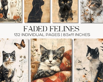 Faded Felines Cat Junk Journal Pages Grungy Vintage Kitten Printable Paper for Scrapbooking