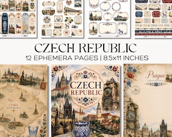 Zestaw dziennika podróży po Czechach, drukowane strony z pamiątkami z podróży do Pragi z etykietami z motywami kwiatowymi