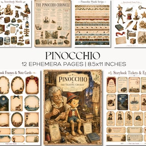 Peut inclure: Un ensemble de 12 pages d'éphémères mesurant 8,5x11 pouces avec des illustrations sur le thème de Pinocchio. Le lot comprend des motifs de contes, une page chronique, des bandes washi, des découpes, des cadres, des cartes et des tickets.