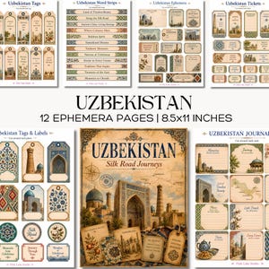 Puede incluir: Un conjunto de 12 páginas de efímera imprimibles de 21,6x27,9 cm, que incluye etiquetas, tiras de palabras, boletos y tarjetas de diario con temática de Uzbekistán, con ilustraciones de arquitectura histórica, mapas y patrones florales.