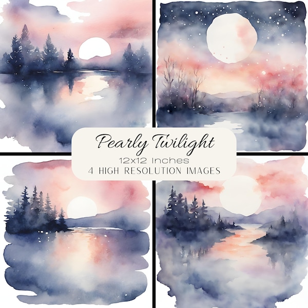 Pearl Twilight Watercolour Moon Lake Prints, Digital Paper Set Romantic Stationary Print, Scenic Wall Art, Nature Backgrounds, Full Moon Art