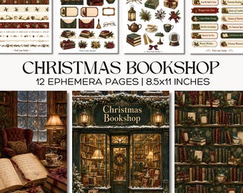 Christmas Bookshop Junk Journal Kit, Printable Vintage Book Ephemera, Cozy Reading Library Scrapbook Pages