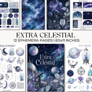 Op de afbeelding: Een set van 12 ephemera-pagina's getiteld Extra Celestial, met afmetingen van 21,6x27,9 cm. De set bevat illustraties met een ruimtethema in diepblauw en paars, waaronder planeten, telescopen, kristallen, sterren en sierlijke architecturale elementen.
