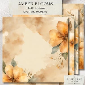 Amber Watercolor Floral Papers, Neutral Flower Backgrounds, Beige Bloom Digital Paper Set, Scrapbook Floral Pages, Printable Craft Paper