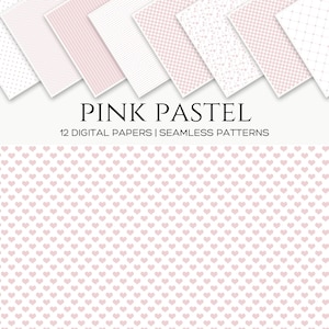 Zestaw cyfrowego papieru pastelowego w kolorze różowym – kratka gingham, kropki, serca, geometryczne wzory bezszwowe – scrapbooking, artykuły papiernicze, rękodzieło DIY, baby shower