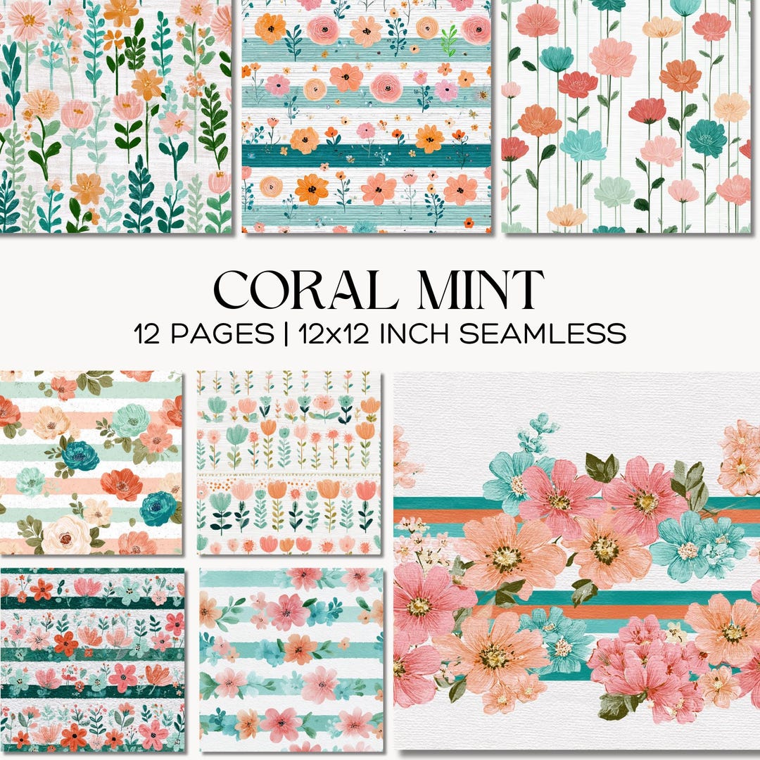 Coral Mint Floral Watercolor Paper Set (digital Download 12x12in Jpgs ...