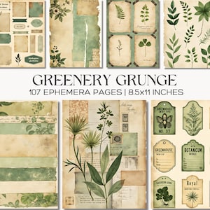 Botanisches Junk Journal Kit, Vintage Greenery Grunge Ephemera, Tags, Fussy Cut Digital Papier, gealtertes Papier Set
