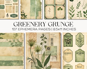 Botanical Junk Journal Kit, Vintage Greenery Grunge Ephemera, Tags, Fussy Cut Digital Paper Set