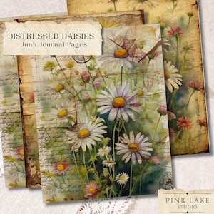 Distressed Daisy Junk Journal Pages, Botanical Ephemera, Aged Paper, Digital Paper, Scrapbook Backgrounds, Printable Paper Antique Aesthetic