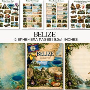 Può includere: Un set di 12 pagine effimere di 21,6x27,9 cm con disegni a tema Belize. Il set include ritagli, strisce di parole, biglietti, francobolli e fogli di carta da lettere con illustrazioni di tucani, rovine Maya e flora tropicale.