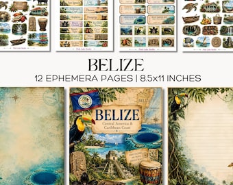 Zestaw dziennika podróży Belize Ephemera Pages z karaibskimi śmieciami do wydrukowania, karty ze zdjęciami dzikiej przyrody, paski washi