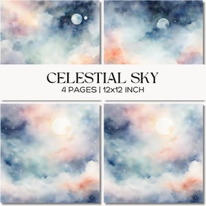Hemelse hemel, bewolkte aquareltextuur, kosmische maansterren digitaal papierpakket, plakboek, ongewenste dagboekpagina's
