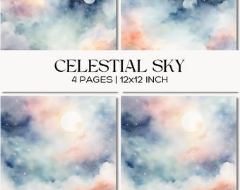 Celestial Sky, Cloudy Watercolor Texture, Cosmic Moon Stars Digital Paper Pack, Scrapbook, Junk Journal Pages