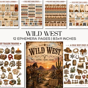 Peut inclure: Un ensemble de 12 pages d'éphémères imprimables de 21,6x27,9 cm, présentant des motifs sur le thème du Far West, incluant des tickets, des bandes de mots, des bordures, des étiquettes et des illustrations de chevaux, cactus et paysages.
