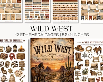 Vilda västern skräpjournal kit utskrivbara västerländska efemera cowboy etiketter rodeo biljetter washi bårder