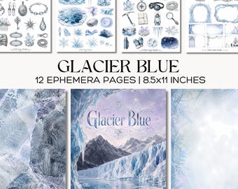 Winter Junk Journal Kit, Printable Icy Blue Ephemera, Snowflake Crystal Scrapbook Pages, Glacier Art
