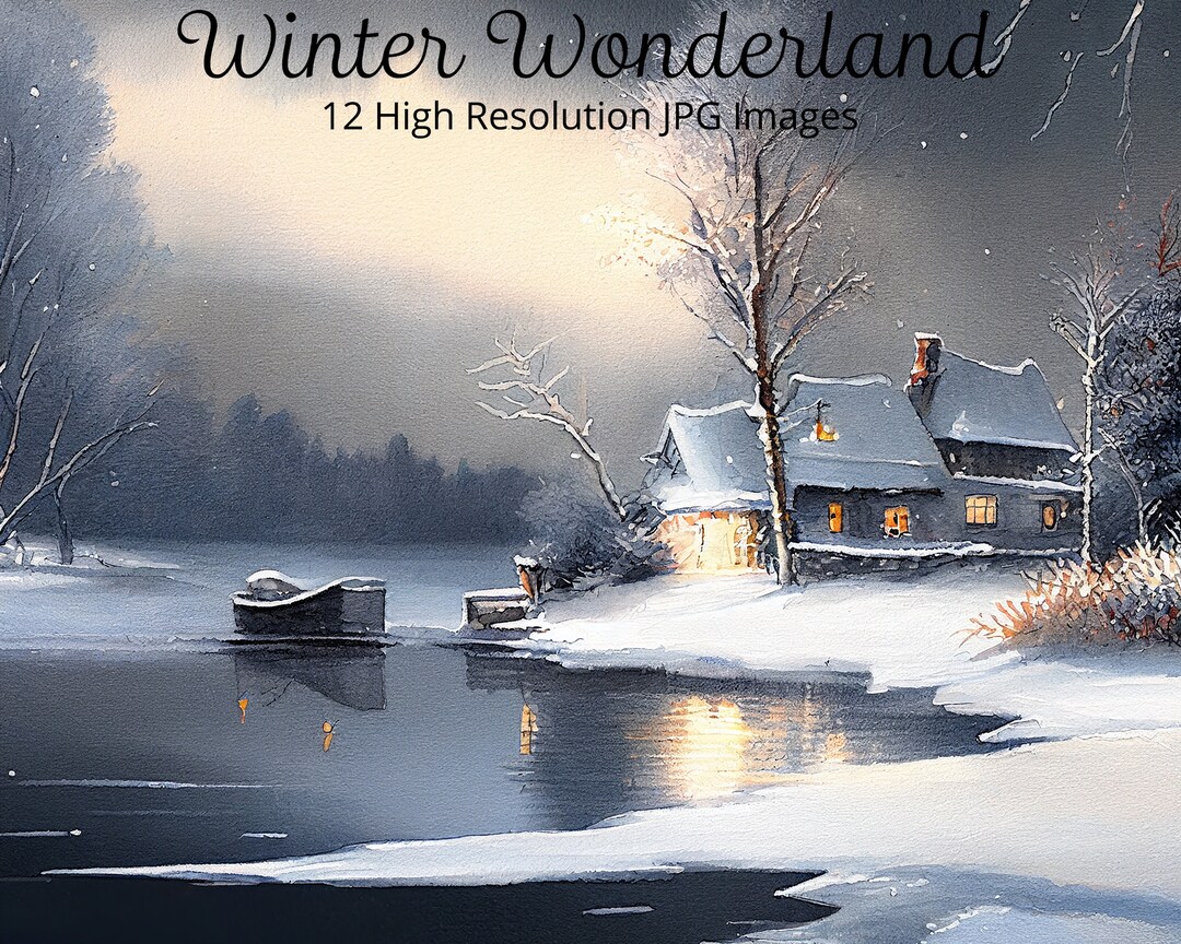 Winter Wonderland Wall Art, Dusk Snowfall, Peaceful Scenery, Watercolor