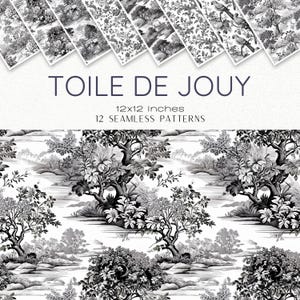 Toile De Jouy Seamless Patterns, Elegante Preto e Branco Vintage Floral, Papagaios, Paisagem Francesa e Papel Digital Cênico Download Instantâneo