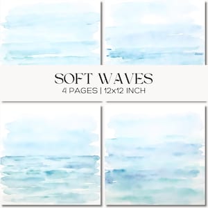 Op de afbeelding: Vier vierkante aquarelprints met zachte blauwe en turquoise golfontwerpen. De tekst "SOFT WAVES" wordt weergegeven boven de tekst "4 PAGES | 12x12 INCH". Het kunstwerk heeft een aquarel stijl met gemengde tinten.