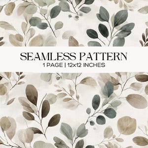 Watercolor Eucalyptus Seamless Pattern, Sage Green Botanical Print Scrapbook, Papercraft, Junk Journal