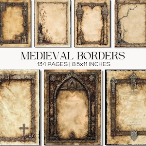 Puede incluir: Una colección de bordes digitales de temática medieval. La imagen presenta varios diseños con texturas de papel envejecido y detalles arquitectónicos ornamentados. El texto dice "Medieval Borders" y "134 Pages | 8.5x11 Inches".