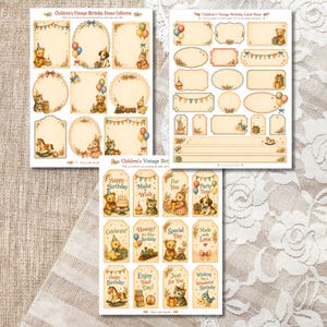 Pu&ograve; includere: Tre fogli di carta con illustrazioni in stile vintage di orsacchiotti, gattini, coniglietti e motivi di compleanno. I design includono cornici, etichette e cartellini regalo con testi come Happy Birthday, Make a Wish e Party Time.