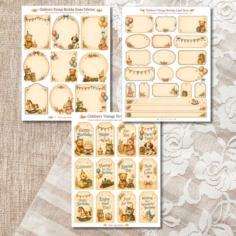 Pu&ograve; includere: Tre fogli di carta con illustrazioni in stile vintage di orsacchiotti, gattini, coniglietti e motivi di compleanno. I design includono cornici, etichette e cartellini regalo con testi come Happy Birthday, Make a Wish e Party Time.