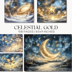 Celestial Gold Junk Journal Kit, Glödande Måne och Stjärnor Scrapbook-papper, Eteriska Fjärils-ephemera, Mystic Galaxy Collage-ark för Hantverk