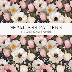 Anemone and Tulip Seamless Pattern, Blush Floral Paper Repeat Fabric Design, Boho Cottagecore Scrapbook Page