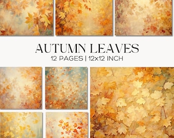 Puede incluir: Una colección de impresiones artísticas con temática otoñal, con hojas amarillas, naranjas y rojas vibrantes. El texto "AUTUMN LEAVES" se muestra encima del texto "12 PAGES | 12x12 INCH". La obra de arte evoca un ambiente cálido y estacional.