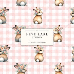 Niedliches Blumenhäschen-Ostern-Muster, rosa Gingham-Digital-Papier, Frühlingsaquarelldesign für Papiermodelle, Zeitschriften und Scrapbooking