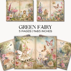 以下が含まれることがあります： GREEN FAIRYと題された5枚のデジタルペーパーセット。各サイズは11×8.5インチです。各ページには、妖精、蝶、キノコ、花畑の風景が水彩画風に描かれており、淡いパステルカラーとヴィンテージ風の筆記体が特徴です。