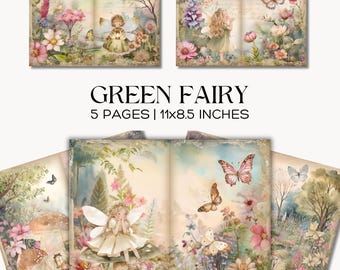 Pagina's voor een 'Green Fairy Junk Journal', printbaar papier met het thema 'Geheime Tuin', 'Betoverd Bos', 'Sprookjesachtig Landschap'