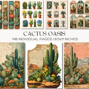 May include: A collection of 148 individual pages measuring 21.6x27.9 cm titled CACTUS OASIS, featuring vintage-style illustrations of various cacti, succulents, and desert landscapes with botanical prints, postage stamp designs, and tags.