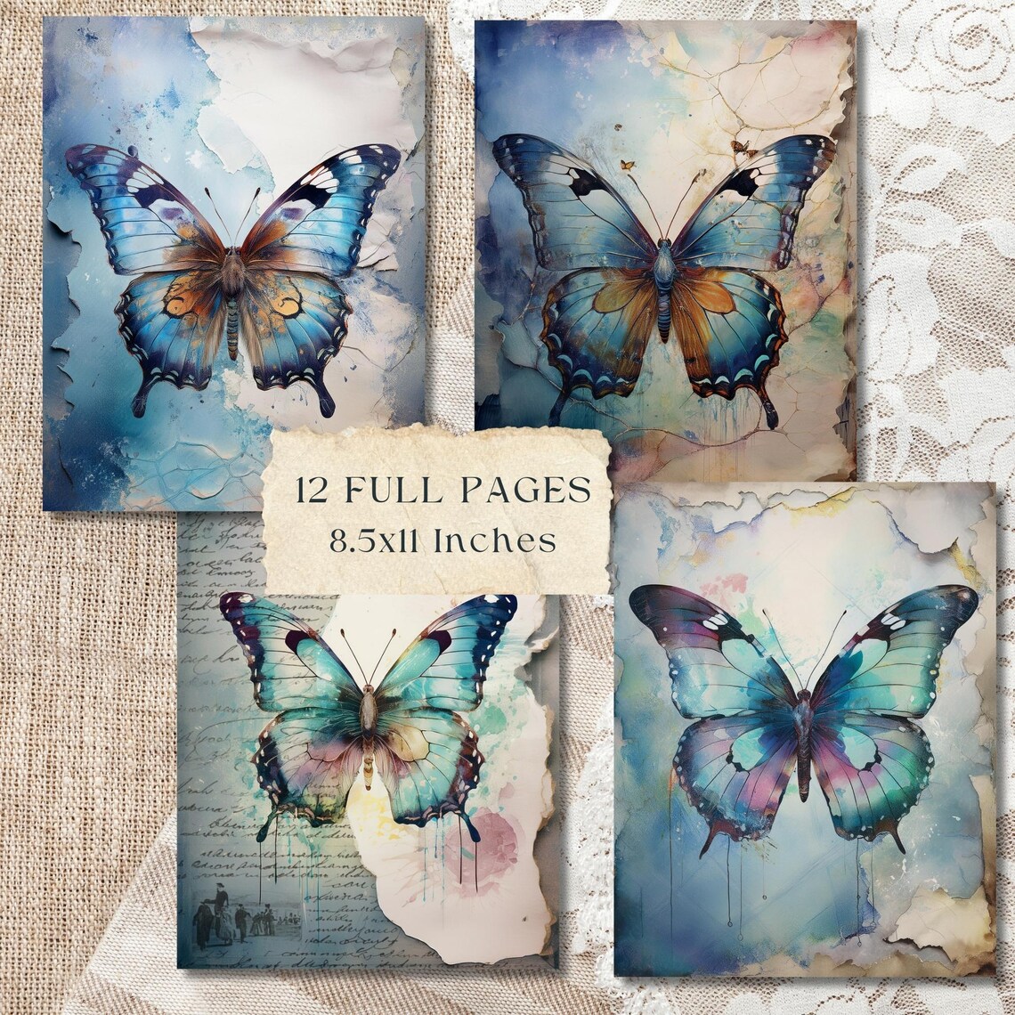 Blue Butterfly Junk Journal Pages, Vintage Ephemera (digital Download ...