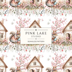 Könnte beinhalten: Ein nahtloses Muster mit Aquarellillustrationen von skurrilen Häusern, Eichhörnchen und blühenden Kirschblüten. Das Design enthält den Text "PINK LAKE STUDIO" und "SEAMLESS PATTERN" auf weißem Hintergrund. Die Farbpalette ist weich, mit Rosa, Grün und Braun.