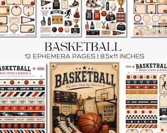 Basketball Junk Journal Kit Printable Sports Ephemera Game Day Tags Cards Frames Washi Borders