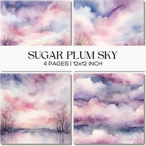 May include: Four watercolor prints featuring a Sugar Plum Sky design. Each print showcases a dreamy landscape with shades of purple, pink, and blue, with bare trees and a reflective water surface. The prints are 12x12 inches.