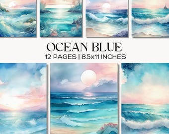 Watercolor Ocean Digital Paper, Coastal Scrapbooking Pack, Seascapes, Beach House Printables