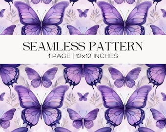 Purple Butterfly Seamless Pattern, Repeat Fabric Design, Scrapbooking, Papercrafting, Junk Journal Digital Paper