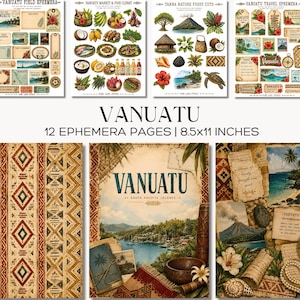 Op de afbeelding: Een set van 12 ephemera-pagina's van 21,6x27,9 cm met ontwerpen in Vanuatu-thema. De set bevat illustraties van tropische landschappen, lokaal voedsel, wilde dieren, traditionele patronen, reistickets en ansichtkaarten in vintage-stijl.
