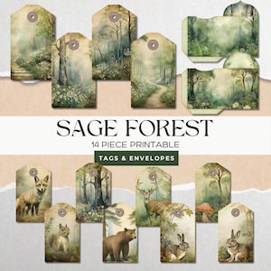 May include: A collection of printable tags and envelopes with a nature theme. The tags feature watercolor illustrations of forest scenes, animals, and pathways. The text "SAGE FOREST" is displayed prominently, along with "14 PIECE PRINTABLE TAGS & ENVELOPES".