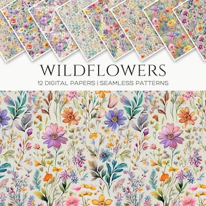 Pacote de papel digital de flores silvestres caprichosas, padrões sem costura, ilustrações florais, fundos de flores, design de tecido, papelaria, artesanato em papel