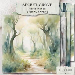 Ensemble de papier numérique Secret Grove, 4 arrière-plans aquarelle forêt pour scrapbooking, journaux indésirables, travaux manuels de la nature, téléchargement immédiat 12 x 12
